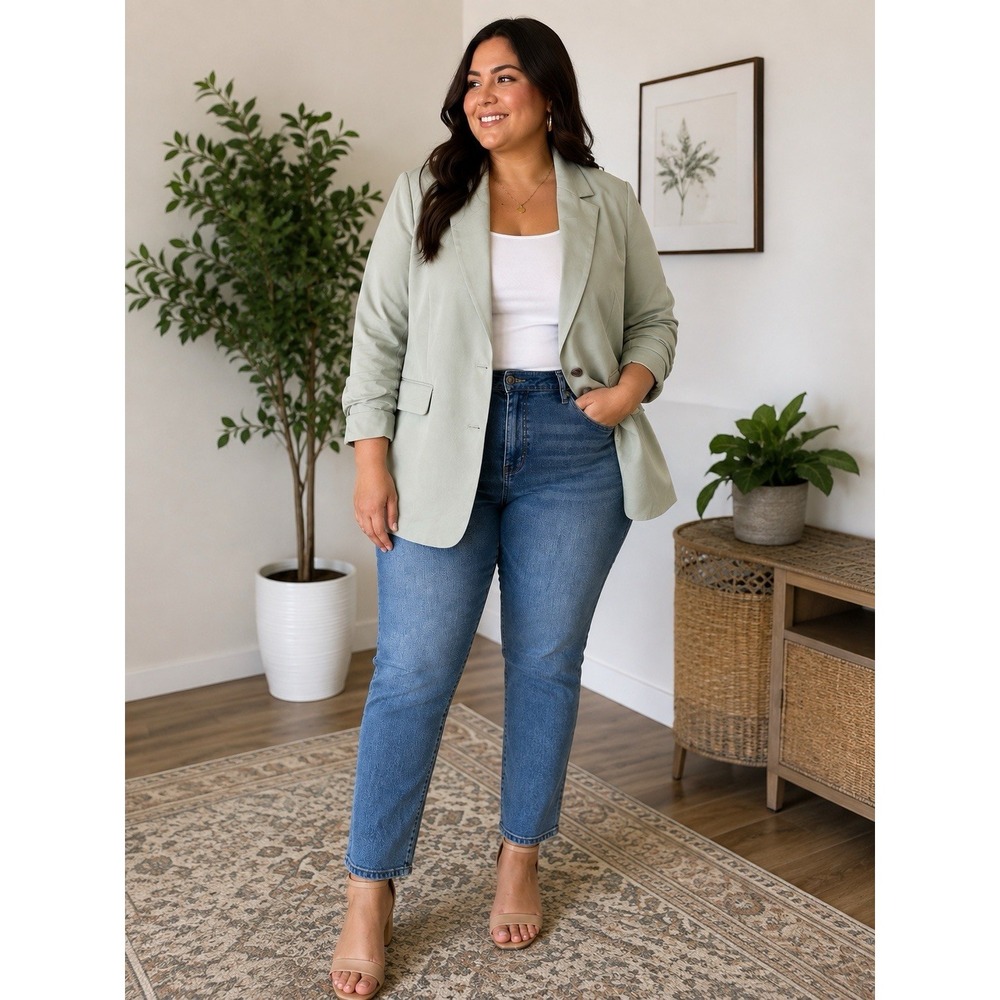 A New Day Women's Blazer 1X Light Sage Green Button Front NWT